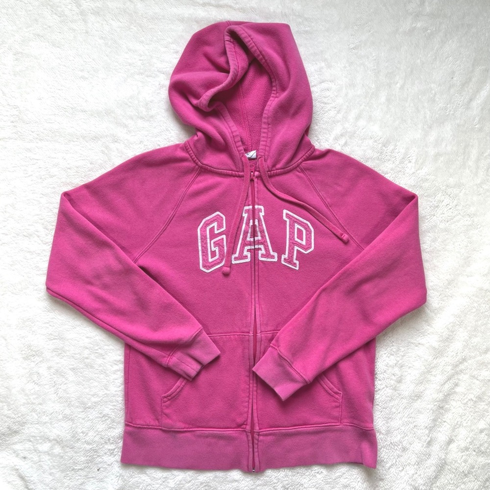 Gap Logo Full Zip Hoodie Women Pink Raglan Fleece Sweatshirt XS